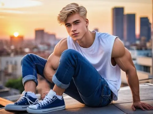male model,cool blonde,jeans background,austin stirling,on the roof,boy model,lukas 2,young model,blue shoes,skater,ryan navion,ripped jeans,foot model,high jeans,denim jeans,sneakers,jeans,holding shoes,boys fashion,bluejeans,Art,Classical Oil Painting,Classical Oil Painting 19