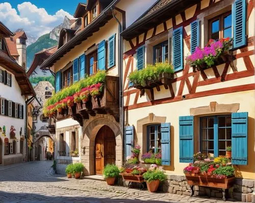 alsace,franconian switzerland,half-timbered houses,alpine village,colmar,switzerlands,medieval street,medieval town,auberge,bernese highlands,escher village,thun,colmar city,reutte,freiburg,franconian,rothenburg,france,maisons,reuten,Art,Classical Oil Painting,Classical Oil Painting 02