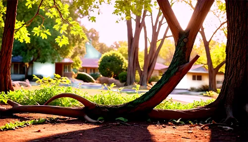 carolwood,background bokeh,schoolyard,photosynthetic,greenery,park bench,oversaturated,greenspace,rossmoor,benches,rosewood tree,snake tree,sauropod,depth of field,garden swing,quetzalcoatlus,bungalows,vines,scenically,suburbs,Illustration,Retro,Retro 12