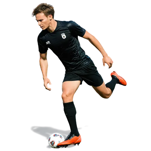 Male soccer player, dynamic action, kicking ball, strong muscular legs, fit athletic body, short messy hair, sweat droplets on face, white jersey with number, black shorts, shin guards, grassy field, 