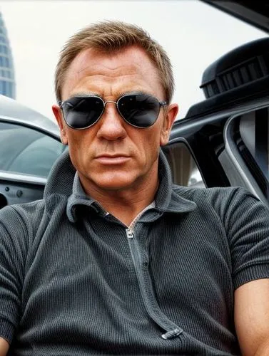 James Bond 007,man wearing sunglasses looking into camera while driving in car,daniel craig,keitel,lapo,jcvd,rangnick,tomasson,Realistic,Foods,None