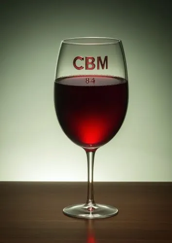 a wine glass, create red wine inside the glass and a wine bottle with the letters 'CBM' as the bottle logo next to the glass.,cvm,lambrusco,cdm,cbm,cmb,a glass of wine,vinification,crm,cndp,glass of a