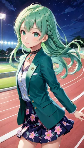 track and field,track,sports girl,umiuchiwa,kayano,cheering,athletics,tartan track,sports game,track and field athletics,sports uniform,hurdles,hatsune miku,miku,female runner,balancing on the football field,emerald,vocaloid,100 metres hurdles,keirin,Anime,Anime,Realistic