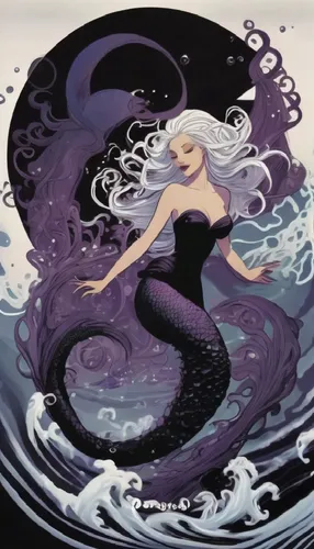 Woman with long flowing hair, swirling tentacles, waves, swirls of water, smoke and purple bubbles surround her, stars in the sky,Ursulana,sirene,amphitrite,melusine,sirena,ursula,mermaid background