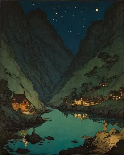 1 aspect ratio, high contrast, depth of field.,a small town near some water and hills at night,night scene,kurelek,eidfjord,hildebrandt,dulac,roerich,ullevalseter,verzasca,sedlacek,bohinen,dieckmann,f