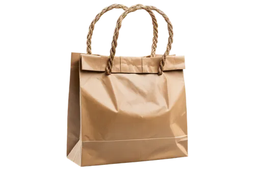 Shopping bag, brown paper material, crumpled texture, twisted rope handle, golden metal buckle, worn-out edges, soft shadows, warm color tone, 3/4 composition, shallow depth of field, realistic lighti