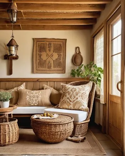 rustic,wooden beams,country cottage,interior decor,rustic aesthetic,home interior,sitting room,antique furniture,boho art style,porch swing,contemporary decor,patterned wood decoration,antique table,interior decoration,antique style,sunroom,daybed,country house,bohemian art,chaise lounge,Illustration,Realistic Fantasy,Realistic Fantasy 14