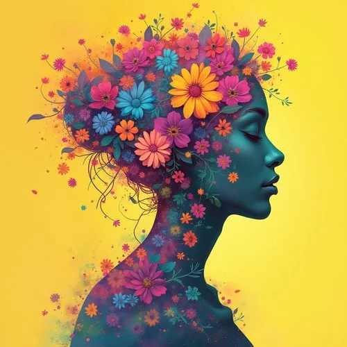 flowerhead,flowerheads,girl in flowers,vibrantly,colorful floral,flower art