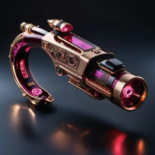 Photorealistic lifelike 4K. With many of its components made of (Obsidian) and Shown in its entirety in rifle-like configuration with sweeping overlapping components and multi-colored led lights with 