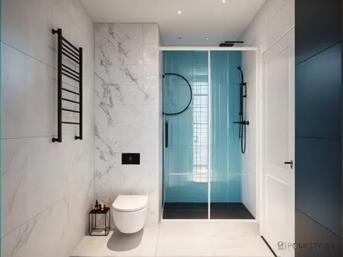 A modern small bathroom with blue tiles, white cabinets and a toilet and warm lighting. The shower stand is white, the towel rail is black, the hygienic shower is white. The floor is marble tile. The 