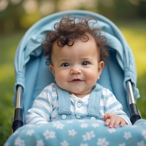 baby, trendy fashion, blue color tone, cute facial expression, soft curly hair, rosy cheeks, white onesie with blue stripes, baby shoes, sitting in a stroller, holding a toy, flower-patterned blanket,