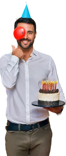 Mature man, birthday scene, solo, (30-40yo), short black hair, stubble beard, bright smile, white shirt, black pants, leather belt, holding cake with candles, champagne bottle, party hat, festive ball