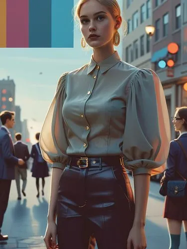 Design a funny comic page for a youth magazine in rich colors (RGB).,woman with blond hair and dressed in green shirt and black pants,retro woman,retro girl,retro women,riverdale,seydoux,prada,Illustr