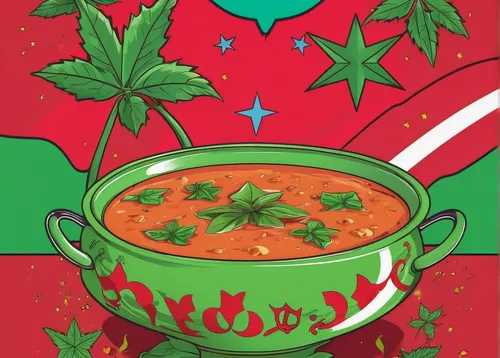 All over print, Moroccan soups, Kawaii, Moroccan culture, Moroccan flag, green star line, red flag, leaf's, details, happy vibrant colors.,tomato soup,sorrel soup,harissa,nihari,rasam,gazpacho,sofrito