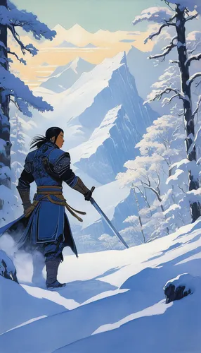 mulan,winterblueher,lone warrior,swordswoman,the wanderer,swordsman,northrend,longbow,mountain guide,glory of the snow,heroic fantasy,game illustration,adventurer,winter background,snow scene,archer,eternal snow,morbier,scythe,blue painting,Illustration,Retro,Retro 07