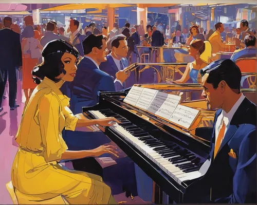 Improvise a jazzy piano tune in a crowded caf￩,piano player,piano bar,jazz pianist,musicians,concerto for piano,blues and jazz singer,jazz club,serenade,art tatum,pianist,performers,ann margarett-holl