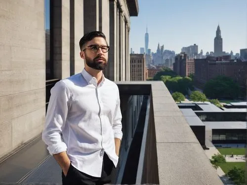 Master of Architecture, Columbia University, male, 30s, glasses, short black hair, beard, formal attire, white shirt, black tie, black pants, leather shoes, holding a model, standing, GSAPP building, 