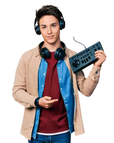 DJ, young man, headphones, casual clothes, relaxed posture, hands on console, fingers on controller, trendy hairstyle, bright eyes, dim studio lighting, warm color tone, 3/4 composition, shallow depth