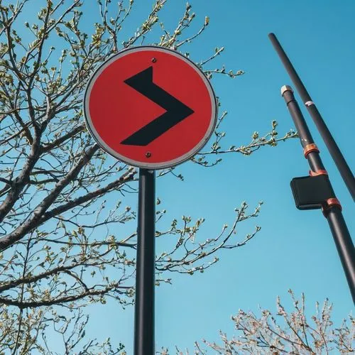 a street sign with an arrow pointing right next to a lamppost,traffic signage,go left or right,curvy road sign,no left turn,traffic sign,crooked road sign,Photography,Documentary Photography,Documenta