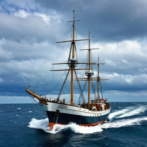 A 1950s research vessel sailing the high seas.,sea sailing ship,tallship,three masted sailing ship,sail ship,tall ship,galleon,whaleship,barquentine,sailing ship,caravel,windjammer,eendracht,merchantm