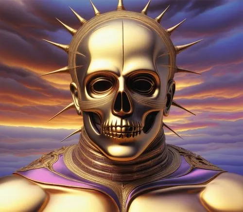 a digital painting of a skull wearing a gold metal jacket,powerslave,scull,golden mask,death head,nocturnus,endoskeleton,death god,skull allover,goldsun,death's head,akhnaten,tretchikoff,sun king,deat