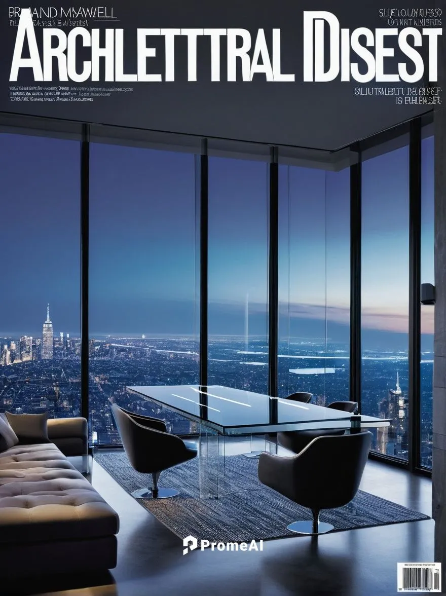 Modern architectural magazine cover, May 2023 issue, sleek glass table, minimalist background, bold font title "Architectural Digest", subtle reflection on the glass surface, elegant typography, sharp