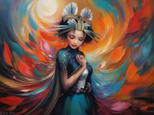 chinese art,oriental princess,peking opera,mystical portrait of a girl,geisha girl,fantasy art,fantasy portrait,fairy peacock,fire dancer,taiwanese opera,oriental girl,oriental painting,flame spirit,fire artist,geisha,oriental,flamenco,headdress,feather headdress,dancing flames,Illustration,Paper based,Paper Based 04