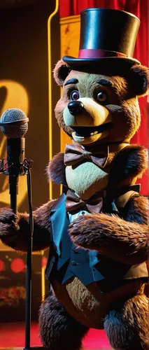 animatronic bear, Freddy Fazbear, standing pose, top hat, bow tie, microphone in hand, brown fur, glowing eyes, animatronic joints visible, Five Nights at Freddy's, stage background, children's pizzer