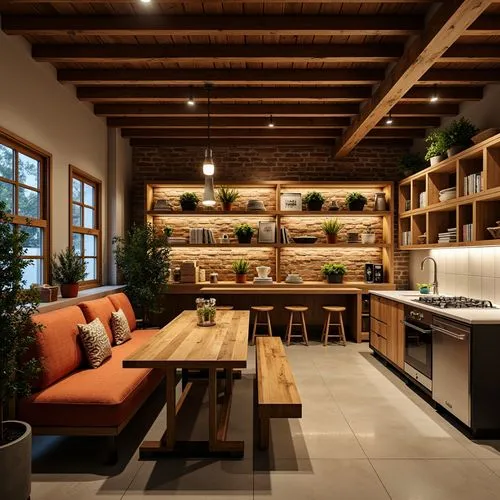 loft,modern kitchen interior,kitchen design,kitchen interior,tile kitchen,modern kitchen,chefs kitchen,wood casework,kitchen,wooden beams,houseplants,home interior,contemporary decor,house plants,interior modern design,servery,lofts,indoor,houseplant,cocina