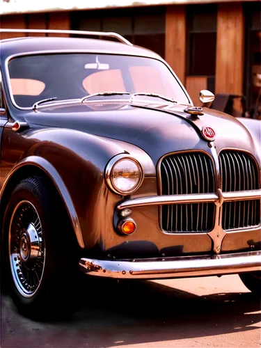 Vintage car, classic automobile, shiny metal body, curved lines, rounded headlights, ornate grille, leather seats, wooden steering wheel, retro license plate, worn-out tires, rusty chrome bumper, morn