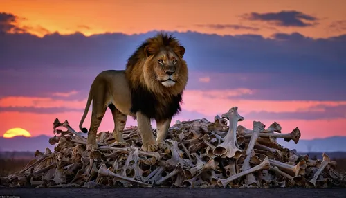 King of the hill: Photographer Simon Needham captured a 500lb male lion standing above a pile of bones as the sun rises,african lion,king of the jungle,forest king lion,panthera leo,lion,male lion,mal