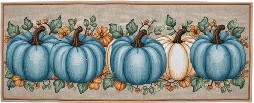 a piece of cloth decorated with different colored pumpkins,decorative squashes,cornucopias,decorative pumpkins,gourds,tulips,aubergines