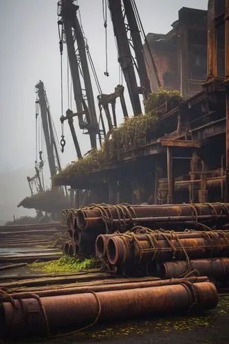 Industrial waterfront, Portland, architectural salvage yard, old rusty cranes, worn wooden docks, vintage nautical equipment, scattered piers, weathered metal beams, reclaimed lumber piles, ivy-covere