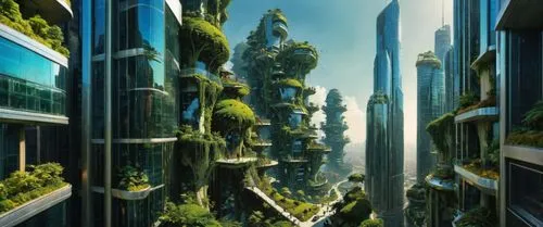 город будущего, небоскребы с щелеными насаждениями ,a futuristic city with lots of trees and plants in the center,futuristic landscape,futuristic architecture,ecotopia,terraformed,arcology,terraformin