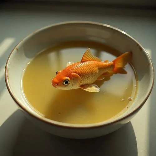 Close-up of a small japanese, swimming inside a plateia of soup. Surrealism.,a fish floating on a bowl filled with liquid,miso,tom yum kung,finch in liquid amber,miso soup,hokkaido soup ginger,pumpkin