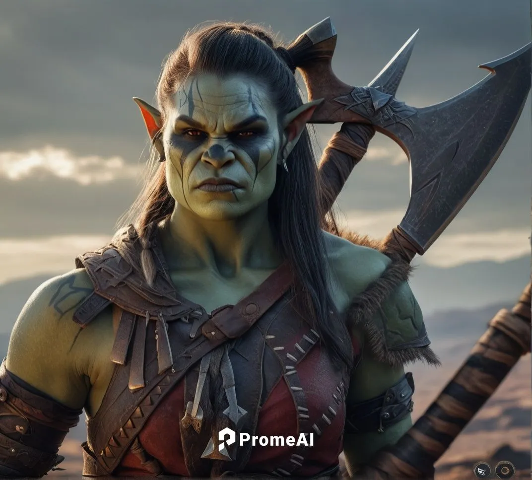 a grey-skinned female orc warrior with a great axe on her back,orc,half orc,warrior and orc,male elf,dark elf,ogre,female warrior,goblin,lopushok,violet head elf,kadala,yuvarlak,barbarian,lokportrait,