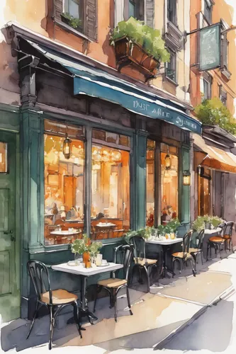 Describe a cozy bistro nestled in a bustling city street.,watercolor cafe,watercolor paris balcony,watercolor paris,paris cafe,watercolor paris shops,watercolor tea shop,grilled food sketches,new york