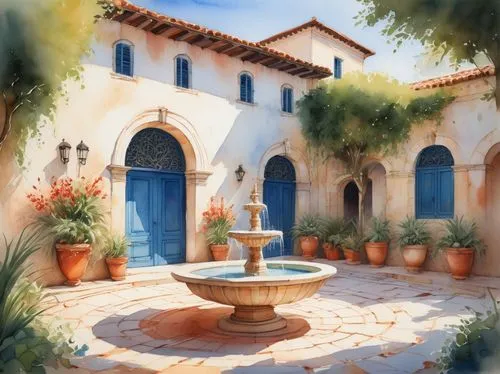 provencal,masseria,village fountain,provence,provencal life,water fountain,watercolor shops,stone fountain,decorative fountains,old fountain,watercolor cafe,watercolor background,mediterranean,fountain,courtyards,world digital painting,cortile,digital painting,greywater,pallas athene fountain,Art,Artistic Painting,Artistic Painting 34