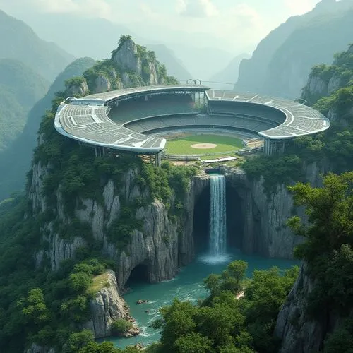 Mountain-inspired stadium, futuristic architecture, grandiose structure, steel beams, glass roof, tiered seating, lush greenery, natural stone walls, waterfall cascading down exterior, rocky outcroppi