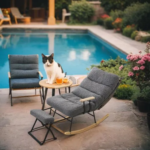 夕阳下，庭院中，泳池旁，小猫小狗，茶桌,there is a cat that is sitting on the table,patio furniture,chaise lounge,outdoor furniture,lounger,outdoor table and chairs,vintage cat