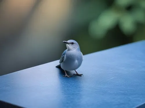 a small gray bird standing on top of a blue table,dwarf penguin,silver seagull,cotinga,fairy penguin,perched bird,baby penguin