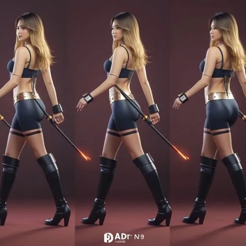 product design，Packaging Design,three different images of a woman with tight pants and heels,ahsoka,sith,ramirez,joi,adora,rafaela,Photography,General,Realistic