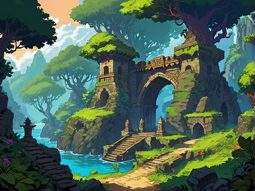 ruins,castle ruins,wishing well,ancient city,a small waterfall,game illustration,fantasy landscape,waterfall,ruined castle,ruin,mausoleum ruins,monkey island,ravine,fairy chimney,jungle,bird kingdom,oasis,bastion,fairy village,knight's castle,Unique,Pixel,Pixel 05