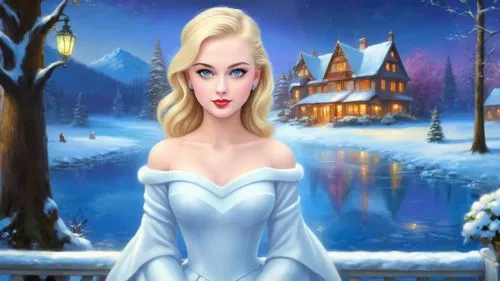 Romantic masterpiece oil painting, cute girl portrait, nostalgic 1950's style kitsch, breathtaking beautiful winter kingdom landscape, majestic fantasy scenery, evening lighting, highly detailed highr