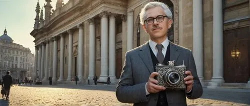 Middle-aged male architectural historian, bespectacled, grey hair, formal attire, holding a vintage camera, standing in front of a grandiose Baroque-style building, ornate stone carvings, intricate de