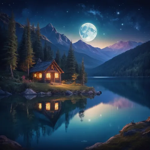 replace with background,house with lake,moonlit night,landscape background,home landscape,fantasy picture,lonely house,summer cottage,night scene,the cabin in the mountains,fantasy landscape,cottage,s