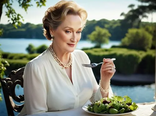 Meryl Streep, elegant mature lady, short curly brown hair, subtle makeup, pearl necklace, white blouse, black tailored pants, holding a fork, eating a mixed green salad, sitting at a luxurious villa, 