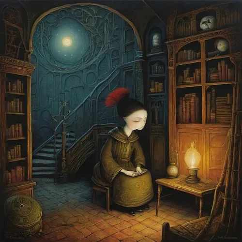 miniaturist,the little girl's room,librarian,candlemaker,sci fiction illustration,little girl reading,book illustration,witchfinder,innkeeper,headmistress,apothecary,bookworm,odditorium,witch's house,bookseller,doll's house,fortuneteller,game illustration,rasputina,gaslight,Illustration,Abstract Fantasy,Abstract Fantasy 09