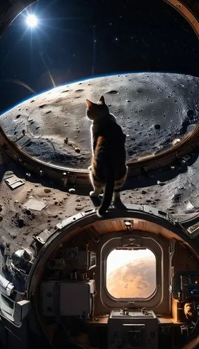 The Cat is an astronaut, realistic, high resolution, photorealistic style. Create a photo of an astronaut looking out the window of a cabin at the surface of the moon. The moon is half bright and half