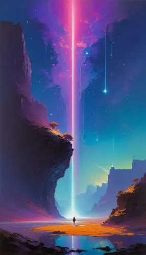 The divine elixir of love flows in luminous intergalactic streams of love.,a painting of a surreal landscape at night,horizon,rift,vast,beautiful wallpaper,parallax,futuristic landscape,the horizon,va